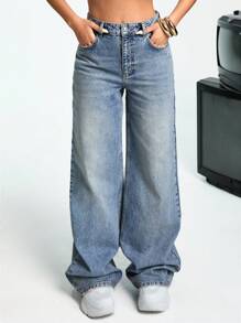 EURMUSE Damen Jeans mit tiefer Taille, Taschen, weitem Bein, lässig vielseitig einsetzbar