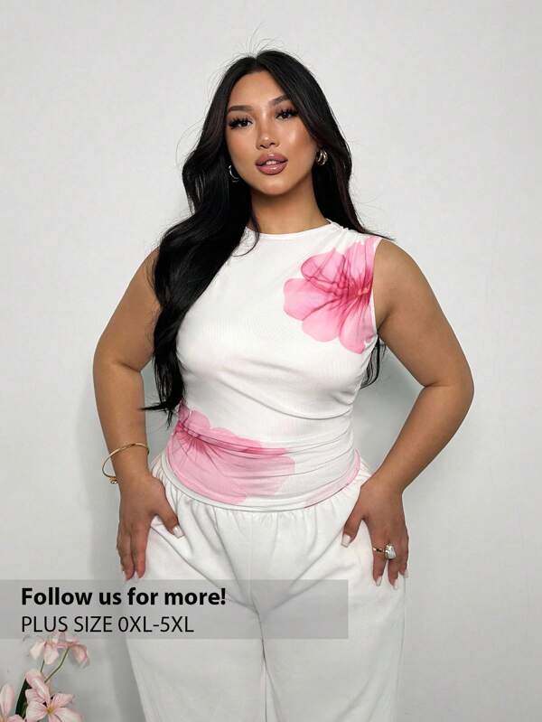 Firerie Plus Size Summer Elegant Floral Mesh Printed Ruched Jumpsuit, Perfect For Vacation And Casual Outings, Featuring Pink And White Colors,Business Casual Woman