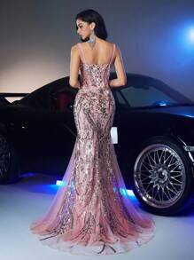 Glamrae Elegant & Luxurious Mesh Patchwork Embroidered Sequin Floral Lace Ruffle Mermaid Formal Dress, Suitable For Wedding, Bridal Shower, Party, Vacation, Prom - Dusty Pink - View 4