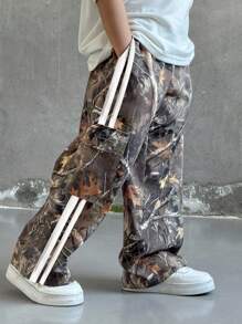 SHEIN 1 件年轻男孩休闲运动可爱日常舒适街头印花腰带直筒裤，适合外出、学校、聚会、春夏秋冬季节、返校、秋季迷彩裤迷彩工装裤男童迷彩裤男童迷彩裤男童工装裤