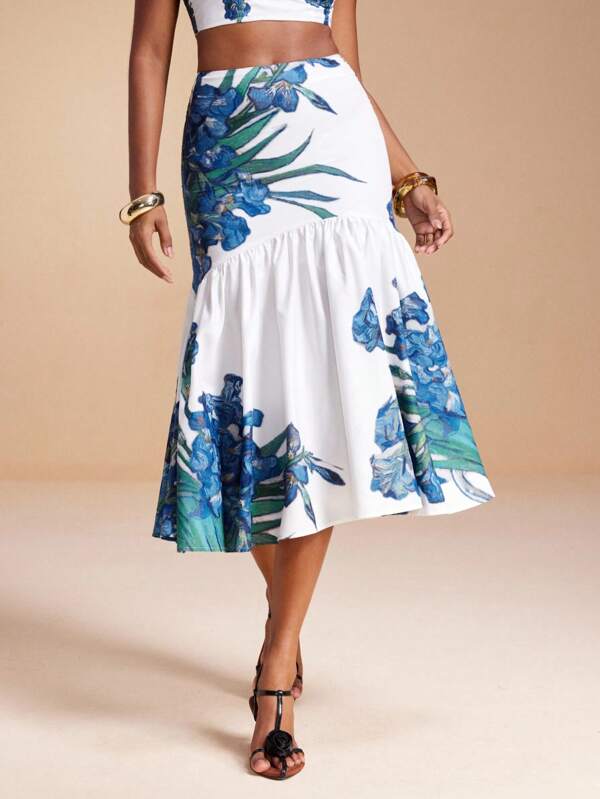 Stephany M Floral Print Ruched Maxi Skirt For Summer Women Vacation Holiday