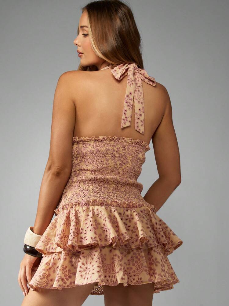 MISSGUIDED Smocked Waist Halter Neck Summer Mini Dress Ruffle Hem Backless Festival Boho Prairie Style Party Beach Sundress