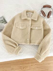 SHEIN Teen Girls Solid Color Faux Fur Collar Loose Casual Short Sleeve Cropped Jacket,Plush Teddy Jacket Beige Autumn Y2k Farewell Back-To-School - Khaki - View 7