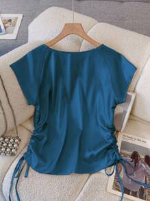 Franclia Elegant Round Neck Raglan Short Sleeve Elastic Satin Drawstring Hemline Women's Blouse, Suitable For Spring And Summer Clothes For University - Blue - View 2