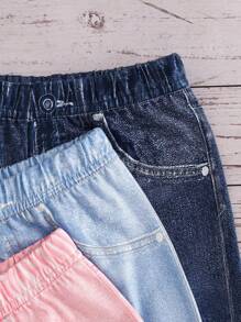 SHEIN Vintaside Kids 女婴三件套：优雅休闲风格印花水洗蓝色长裤，春夏 - 彩色 - 查看 5