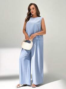 SHEIN Essnce 大码女装春夏时尚休闲宽松舒适清凉日常后背纽扣无袖上衣和阔腿裤蓝色两件套，简约风格，裤子套装，老款风格女装，度假两件套，女士休闲套装