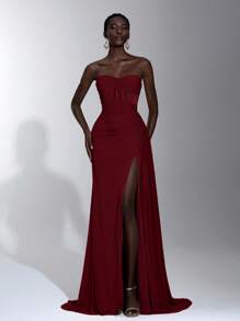 Elitara 优雅露肩褶饰腰部美人鱼下摆透明网眼荷叶边不对称高开衩礼服，适合约会、度假、单身派对、婚礼、毕业典礼、舞会、晚会 - 酒紅色 - 查看 1