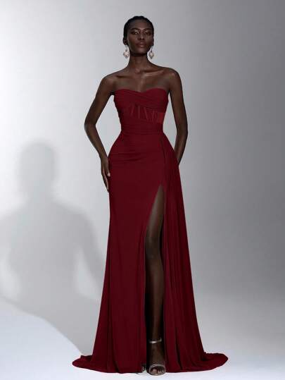 Elitara 优雅露肩褶饰腰部美人鱼下摆透明网眼荷叶边不对称高开衩礼服，适合约会、度假、单身派对、婚礼、毕业典礼、舞会、晚会