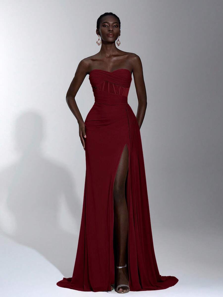 Elitara 优雅露肩褶饰腰部美人鱼下摆透明网眼荷叶边不对称高开衩礼服，适合约会、度假、单身派对、婚礼、毕业典礼、舞会、晚会 - 酒紅色 - 查看 1