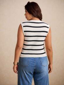SHEIN Elaquor Plus Size Summer Casual Minimalist Plus Size Metal Buckle Decor Striped Knit Vest, Versatile For Commute & Fashion Autumn Winter Clothes For Women - Black and White - View 2