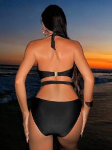 Swim SXY Maillot de bain une pièce noir orné de coquillages métalliques sexy, tenue de plage pour femmes - Noir - Voir 2