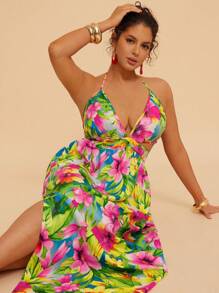 Travachic 大码波西米亚热带印花露背 V 领挂脖开叉连衣裙，度假装