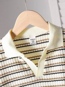 SHEIN Genkimix Kids 1 件年轻男孩休闲学院风华夫格条纹 Polo 衫，有领，适合 4-7 岁男孩春夏季穿着，适合户外、学校和家居穿着 - 彩色 - 查看 4