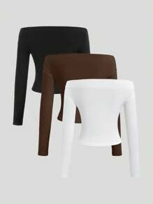 Sweetra 3 件百搭露肩长袖修身短款女式上衣，舒适亲肤，百搭 - 彩色 - 查看 2