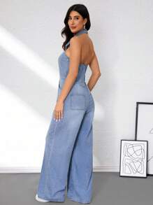 SHEIN Tall Macacão jeans básico feminino, moderno, sem costas, com botões, para volta às aulas, casual e modesto, para negócios, feminino - Azul - Ver 2