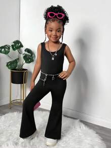 Sleeveless Knit Backless Jumpsuit, Cute Casual Everyday Versatile Fashionable Style For Young Girls Girls Black Jumpsuit Girls Jumpsuit Black Girls Jumpsuit Kids Black Jumpsuit Teen Jumpsuit - Black - View 6
