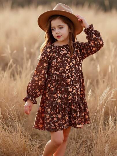Emery Rose Kids Emery Rose Kids Young Girl Vintage Ditsy Floral Long Sleeve Woven Round Neck Dress