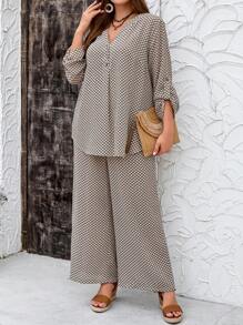 EMERY ROSE 秋季大码女式格子印花长袖衬衫和裤子两件套