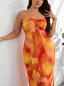 Firerie Vestido de mujer de talla grande de estilo elegante y casual, perfecto para vacaciones, días soleados, citas románticas. Vestido con parte superior tipo tubo, detalle de nudo frontal, de tela suelta, con estampado de flores y teñido anudado, con volantes.