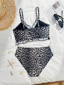 2pcs Teen Girls Fashionable Leopard Print Minimalist Bikini Set - Multicolor - View 2