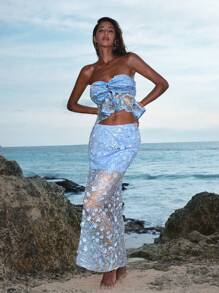 Opulessa Solid Color Beaded Embroidery Fabric Women Skirt - Blue - View 5