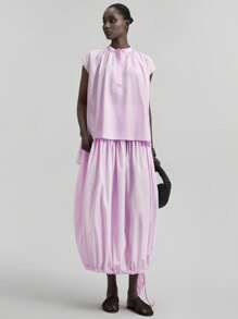 Ontre 2025夏秋季简约休闲纯色A字裙女套装，百搭日常通勤音乐节商务休闲度假夏威夷风音乐节 - 淡紫色 - 查看 3