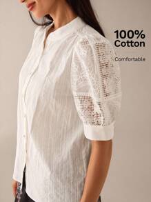 Lilora Women's Casual Summer Hollow Out Puff Sleeve Single Breasted Shirt Urban Style Urban Leisure, Romantic And Elegant, Going Out