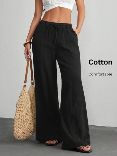 SHEIN PETITE Casual Textured Crepe Loose Trousers Suitable For Summer Vacation