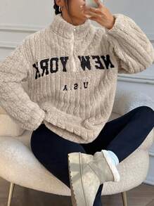 SHEIN EZwear 女士休闲字母印花拉链连帽衫和裤子套装 - 卡其色 - 查看 5