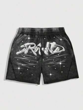 Street Life Pantalones cortos casuales de moda con estampado de letras, cintura con cordón y bolsillo para hombres