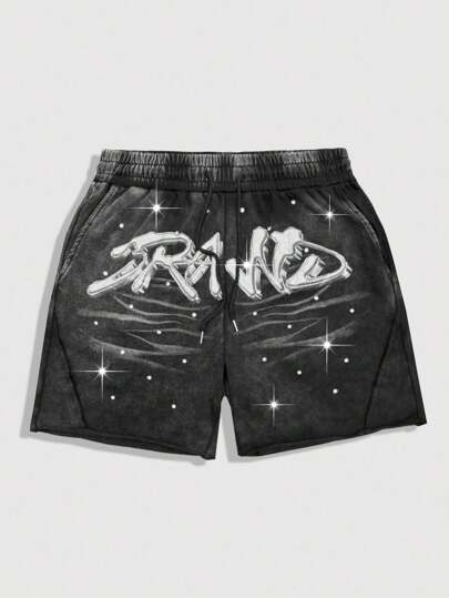 Street Life شورت كاجوال للرجال بخصر رباط وجيوب مطبوع عليه حرف