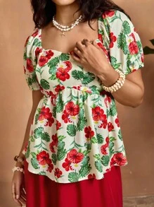 The White Lotus SHEIN VCAY Top Casual Boho com Decote Princesa, Manga Bufante e Estampa Floral Completa, para Mulheres Plus Size, Ideal para Férias, Vestidos Tropicais com Hibisco, Vestidos Havaiano, Blusas Fofas, Camisas de Professor, Aeroporto, Amarelo Manteiga, Férias, Volta às Aulas, Roupas de Outono, Grunge, Kawaii, Viagem, Casual - Multicolorido - Visão 6