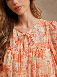 WESTFADE Summer Patchwork V Neck Ruffle Long Sleeve Mini Dress Beach Vacation - Orange - View 5