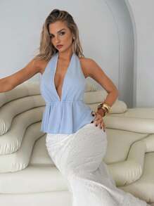 Roylia 女士性感深 V 领交叉系带露背镂空露背荷叶边下摆吊带背心 - 藍色 - 查看 1