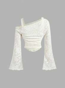 SHEIN MOD Morelowy asymetryczny kołnierzyk z bufiastymi rękawami i eleganckim T-shirtem, jesienno-zimowy kostium z wydrążonymi elementami, piracki top księżniczki, kostium damski na wyjścia - Morela - Zobacz 2