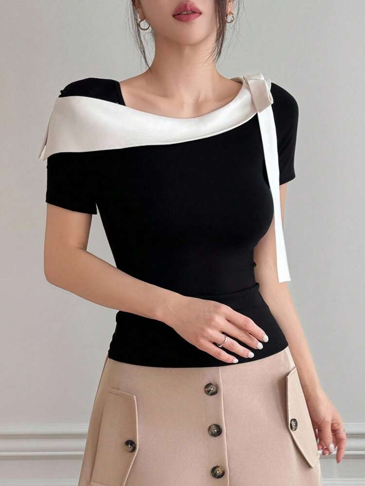 Women's Color Block Strap Asymmetrical Neck Fitted Short Sleeve Sexy Elegant T-Shirt, Summer
