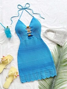 Soleia 女士渐变蓝色性感镂空木珠装饰细肩带针织连衣裙，适合节日/约会/下午茶、海滩/邮轮度假、城市旅行、音乐节、波西米亚风度假 - 藍色 - 查看 1