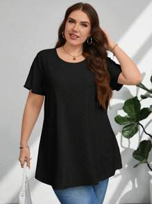 Firerie 加大码优雅休闲度假简约纯色 A 字中长加大码短袖夏季 T 恤，宽松穿孔纹理弹力面料，适合办公室穿着，白色 - 黑色 - 查看 3