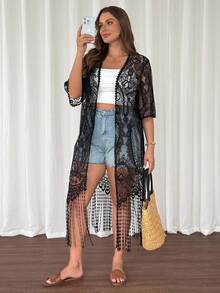 SHEIN LUNE Áo khoác ren mỏng tua rua cho kỳ nghỉ cỡ lớn - màu đen - Xem 4