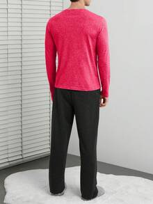 SHEIN Cottnline 男士几何印花长袖上衣和裤子睡衣套装 - 紅色 - 查看 2