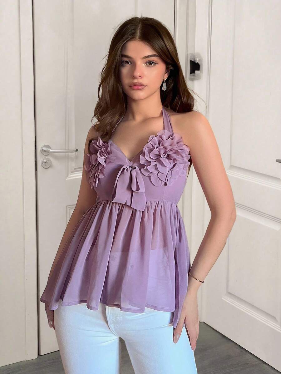 Elenzga Top de verano elegante tipo halter con aplicaciones de unicolor para mujeres