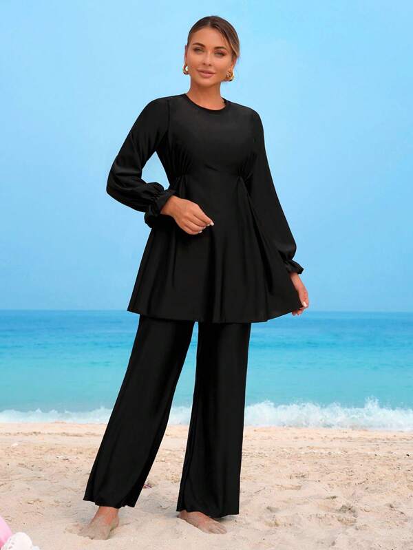 Swim Mulvari 2 pièces/Ensemble Maillot de bain casual femmes ample et modeste, manches longues noires unies et pantalon