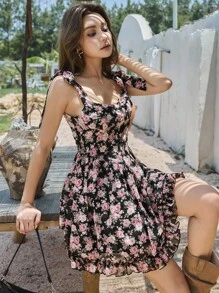 DAZY 女式全身花卉印花系带短裙，粉色，适合假日、海滩、春夏季、挤奶女工裙、迷你裙