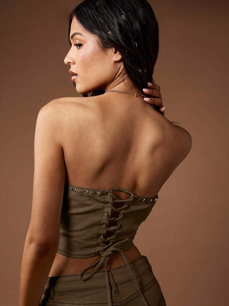 MISSGUIDED Western Embroidered Studded Denim Bustier Lace Up Back