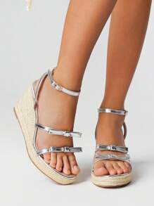 ROMWE Fairycore 女士棕色坡跟编织厚底凉鞋，带绑带，全新时尚高跟沙滩女鞋 - 銀色 - 查看 1