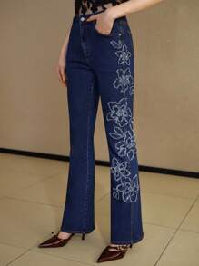 MOTF PREMIUM Floral-Jeans mit Roh-Kante und Weitem Bein ohne Gürtel