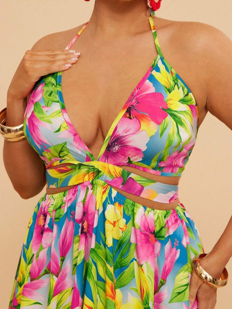 Travachic 大码波西米亚热带印花露背 V 领挂脖开叉连衣裙，度假装