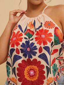 Travachic 大码花卉印花不对称下摆挂脖休闲度假背心 - 杏色 - 查看 3