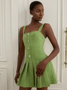 Aveloria Rosie 女士绿色粗花呢方领无袖腰部拼接褶皱不对称水晶装饰纽扣连衣裙