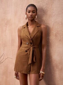 Zivah 2025 年夏季新品母亲节婚礼派对生日庆祝休闲度假优雅办公室休闲无袖领口紧身腰直筒阔腿裤带口袋，纹理棕色面料女式连体裤 - 棕色 - 查看 7